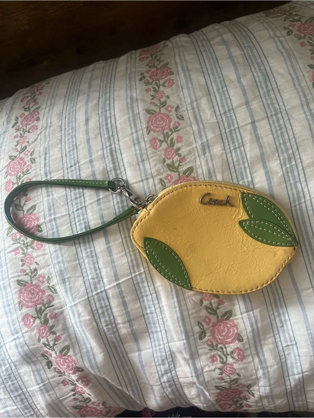 Coach Yellow Lemon Wristlet with Green Strap